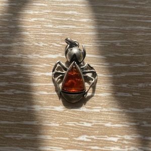 Real Amber Sterling Silver Ant Pendant - NOS